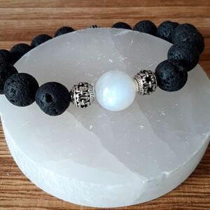 Full Moon Flash Moonstone & Lava Rock Beaded Stretch
